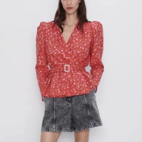 ZARA Belted Floral Wrap Style Long Sleeve Blouse - Picture 4 of 16